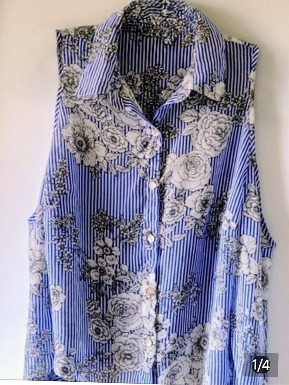 SUMMER SALE - Collared Striped Floral Blouse - Blue & White